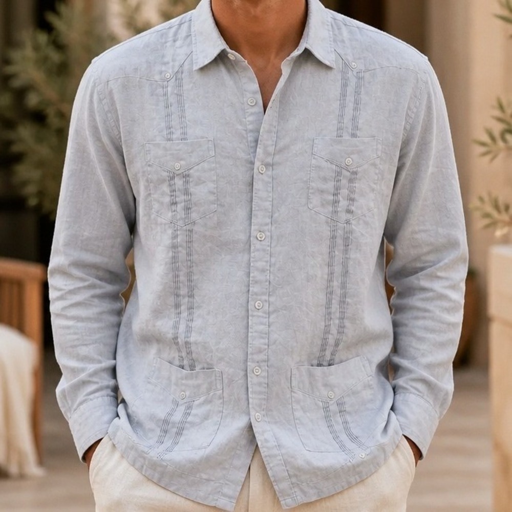 Cubavera Guayabera XXL Light Grey Long Sleeve 100% Linen 4 pockets
